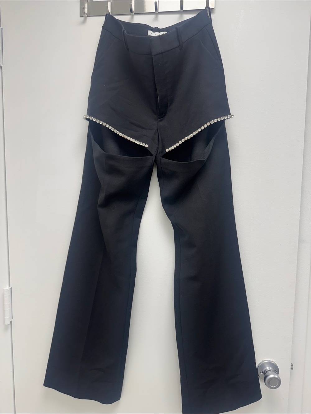 AREA Black Cutout Rhinestone-Trim Pants
